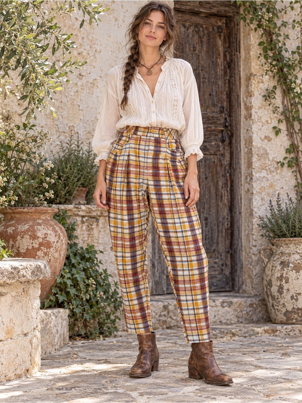 Free People Make a Stand Trousers Medium Mustard Plaid Cotton Boho Pants